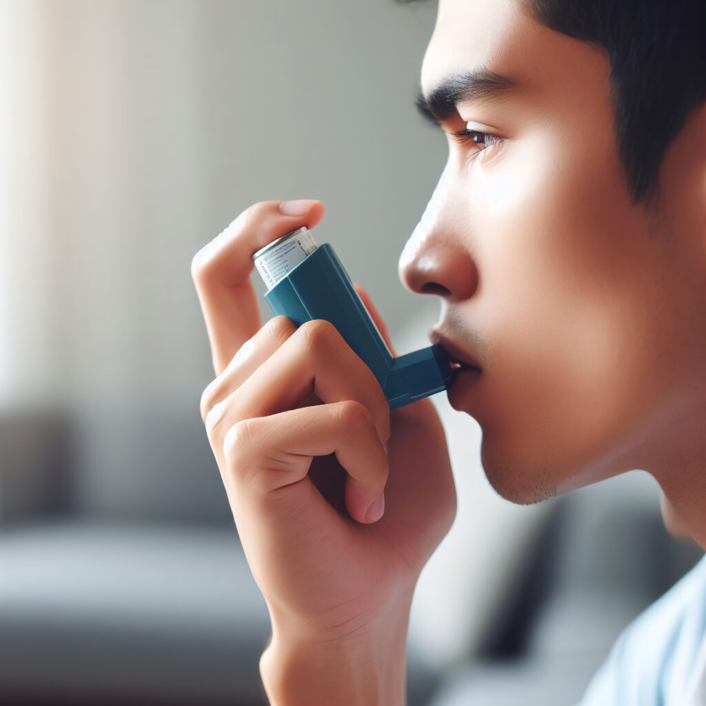 Man holding inhaler for asthma at Rashtrotthana Hospital Bangalore