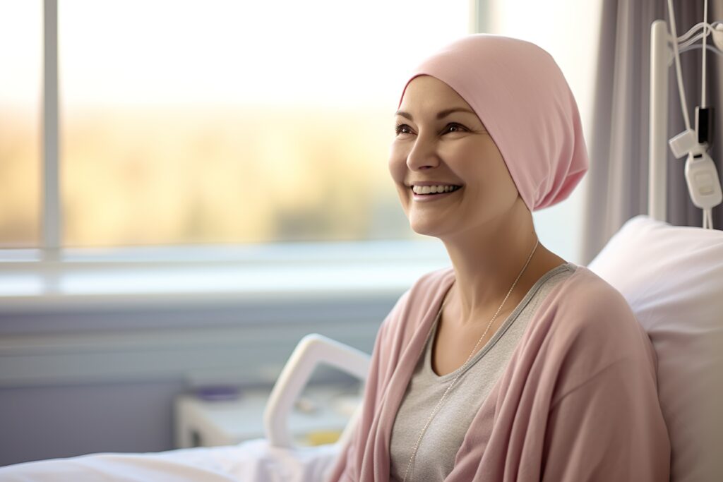 Smiling woman wearing a pink headscarf sitting in a hospital bed, suggesting she is undergoing cancer treatment.